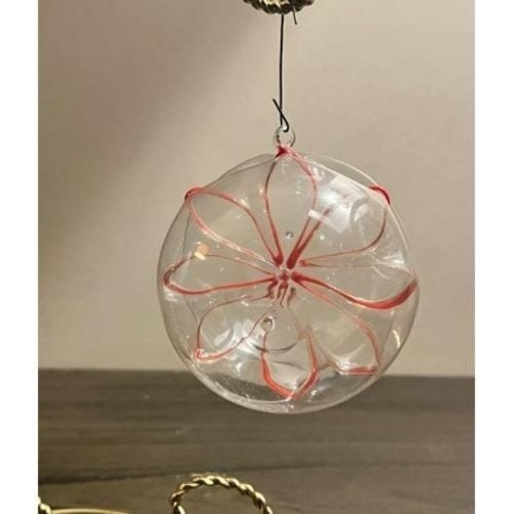 Title: Vintage Hand Blown Art Glass Clear Flower Ornament Red Ribbon Swirl 3"